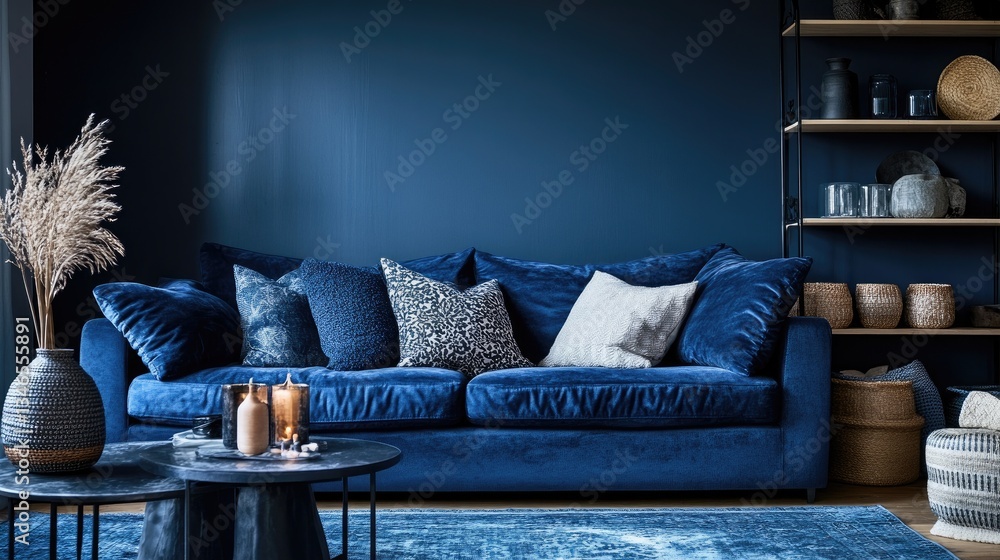 Poster a cozy living room featuring deep blue tones, accented with patterned textiles and a comfy blue sofa