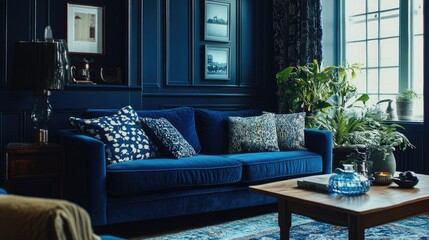 A cozy living room featuring deep blue tones, accented with patterned textiles and a comfy blue sofa, creating a tranquil and stylish environment