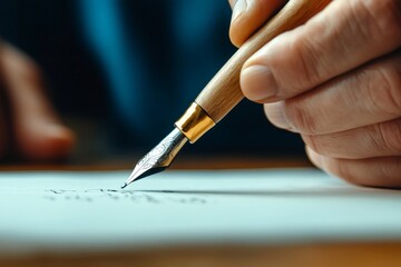 Writer using elegant fountain pen creating calligraphy on paper