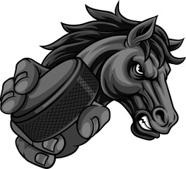 Horse mustang bronco stallion ice hockey angry sports team mascot holding a puck.