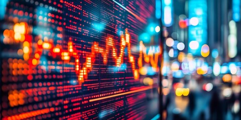 Obraz premium Financial Market Display with Upward Trend, Red and Orange Numbers Against City Lights