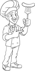 A chef or cook cartoon mascot man holding a sausage or hot dog on a barbecue fork and pointing.