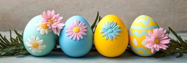 Easter Eggs, Spring Decoration, Colorful background with painted Easter Eggs and flowers.