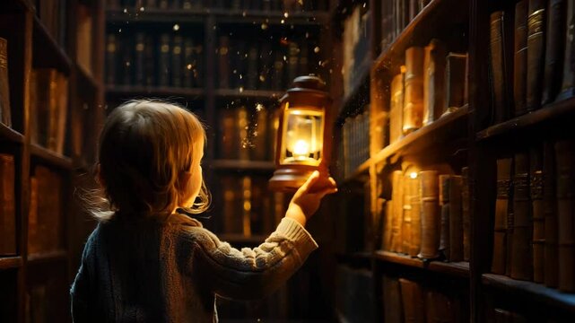A young child holding a lantern explores the dark, mysterious aisles of an antique library filled with old books. The warm light of the lantern casts a gentle glow, evoking a sense of wonder