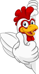 A chicken rooster cockerel bird cartoon character peeking around a sign and giving a thumbs up