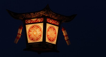 Illuminated Asian Lantern at Night, Red and White Paper Lantern Hanging Decor