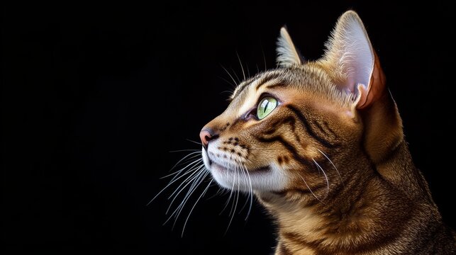Side profile of a bengal cat with striking green eyes on a black background