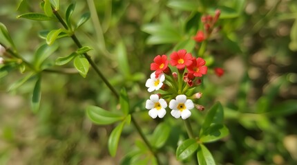 Vibrant Red White Flowers Blossoms Macro Green Leaves Nature Floral Plant Image