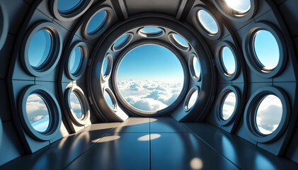 Backdrop of the interior of a futuristic spaceship with round windows.