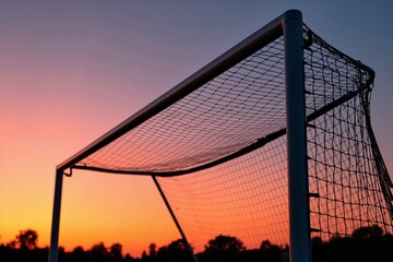 A soccer goalpost stands tall against a stunning sunset sky, symbolizing the spirit of teamwork and competition in sports