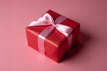 Obraz premium Elegantly Wrapped Red Gift Box with Crisp White Ribbon Tied in a Neat Bow, Presented on a Soft Pink Background, Symbolizing Celebration and Joyful Giving