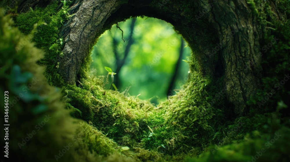 Poster a detailed close-up of a tree trunk with a striking circular hole, framed by lush green moss, symbol