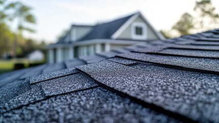 A detailed close-up shot of asphalt shingles on a roof, with the house in the background, focusing on the roofing and home exterior.