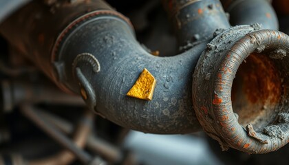 Close-up view of a weathered, industrial pipe with a small, golden fragment adhered to its surface, showcasing textures of rust, dust, and wear