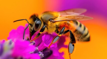 Fototapeta premium Vibrant Bee on Lavender Blossom: A Macro Photography Masterpiece