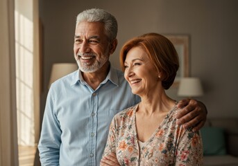 An affectionate senior couple looks out the window together, smiling brightly with love and companionship.