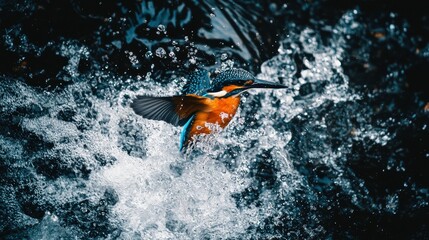 Fototapeta premium Kingfisher Diving Into River Creating Splash of Water