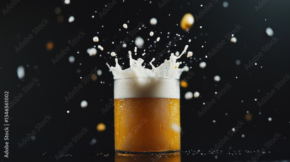 Poster a dramatic shot of beer splashing from a glass against a black background, with foam and droplets su