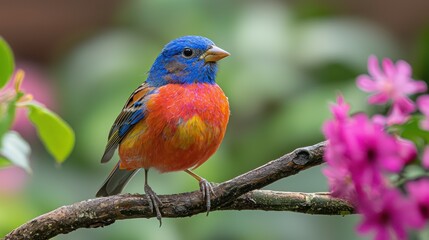 Vibrant Bird Displaying Colorful Plumage Amidst Blooming Flowers