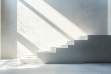 Obraz premium Minimalist white staircase in sunlit room. Ideal for product display, showcasing ascent or growth concepts.