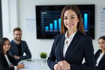 A confident businesswoman stands in front of her team in a modern office, exuding professionalism and leadership in a collaborative environment