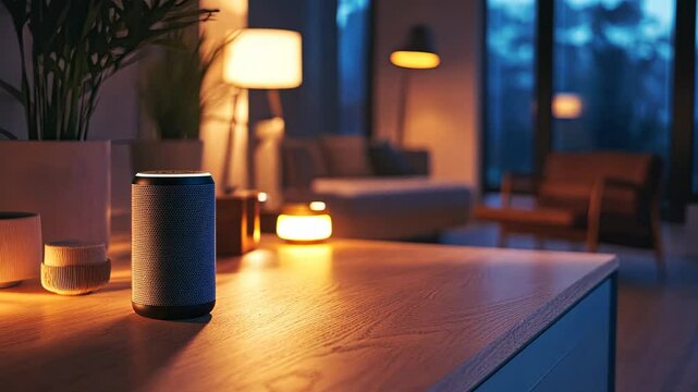 A smart home setup with voice-controlled lighting and sleek furniture.