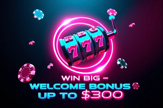 Vibrant casino advertisement featuring a glowing slot machine with the number "777," promoting a welcome bonus up to $300, and encouraging players to "WIN BIG"