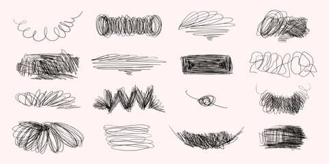Set of Hand Drawn Scribble Line Hatching. Chaos doodle brush lines with geometric shapes and subtle texture. Freehand messy and insane artistic scribbles