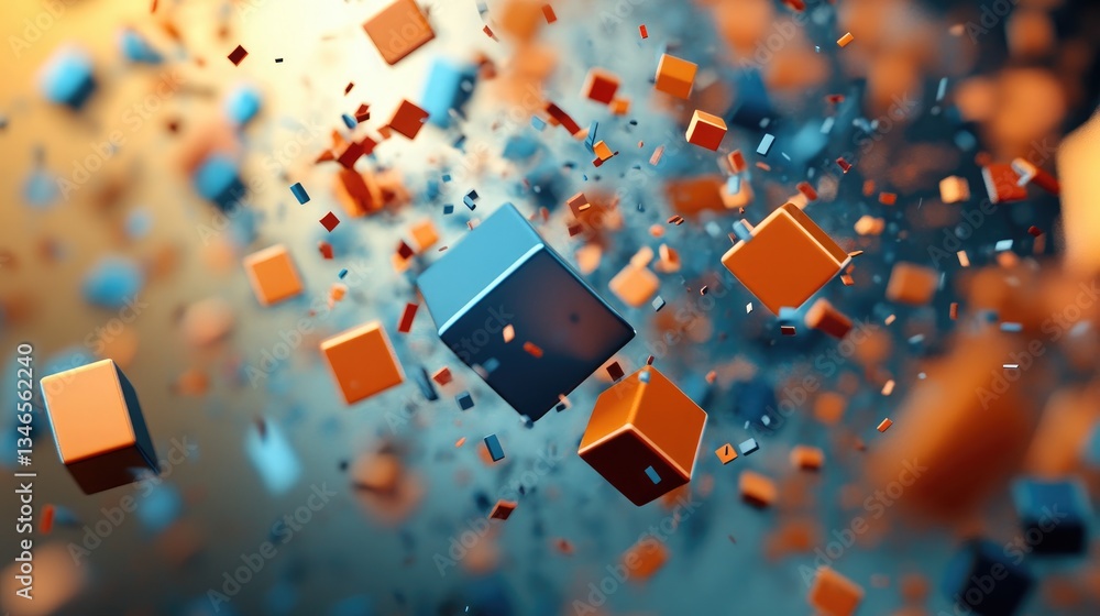 Poster A dynamic explosion of blue and orange blocks suspended in mid-air, capturing the moment of impact and the intense motion in an abstract design.