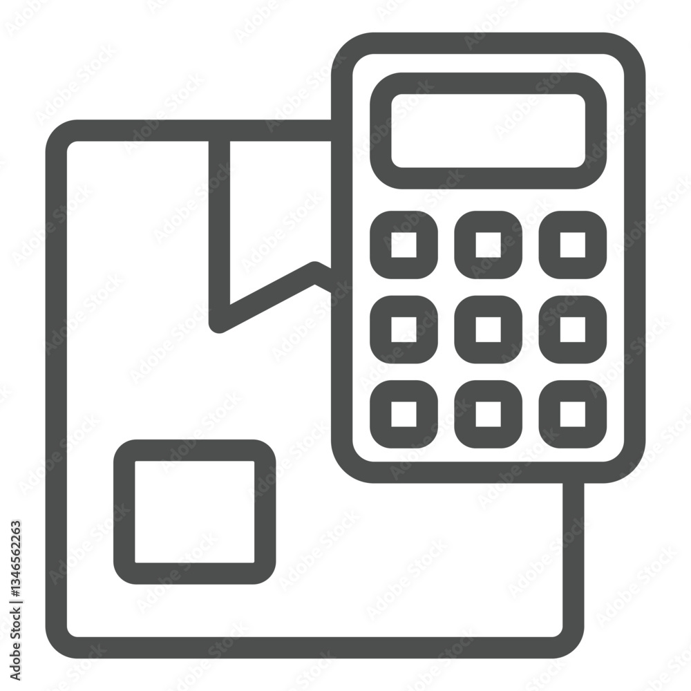 Poster parcel box with calculator line icon, delivery service concept. vector graphics. cardboard box with 