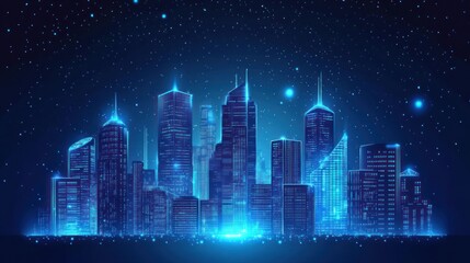 Naklejka premium Futuristic city skyline at night, glowing digital buildings, starry background, stock photo