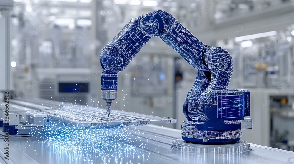 Poster futuristic robotic arm in advanced factory setting.