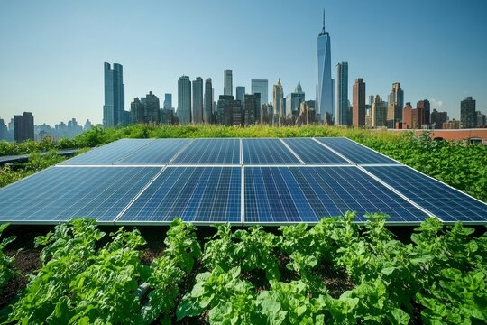 Solar panels generating renewable energy on urban rooftop farm in new york city with one world trade center - Powered by Adobe
