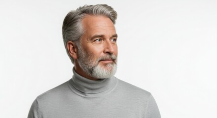 Obraz premium Portrait of a Handsome Mature Man with Gray Hair and Beard Wearing a Gray Turtleneck Sweater - Studio Shot of a Senior Male Model with Silver Hair