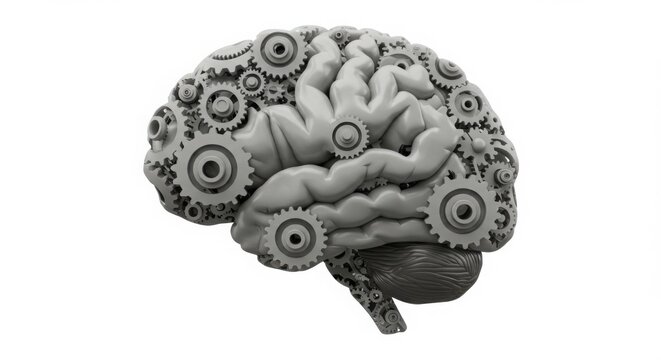 Gray Scale 3D Render of a Human Brain with Gears and Cogs; Mechanical Brain, Artificial Intelligence Concept