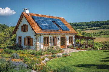 Fototapeta premium Drone shot: a beautiful cottage with solar panels in a large green garden.