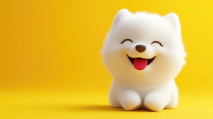 A fluffy white kawaii puppy with a red tongue, big smile, and playful pose, in a 3D minimalist cartoon illustration on a yellow background.