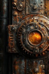 Obraz premium Rusty mechanical gear glowing with inner light.