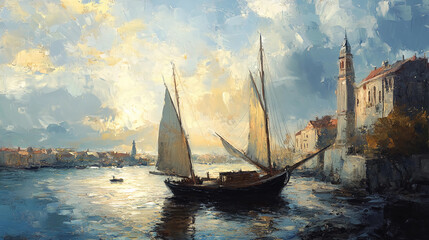 A painting of a boat in a harbor