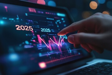 A hand points at futuristic graphs displayed on a screen