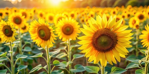 Obraz premium Field of tall bright yellow sunflowers blooming in the warm sunlight with a few green leaves, yellow, flowers, yellow, flowers