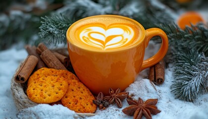 Gingerbread Latte Warm Drink with Heart Design, Cookies, and Spices on Snowy Setting