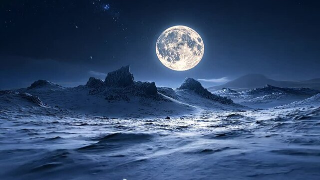 Mystical Full Moon Over Snowy Mountain Peaks at Night: A Dramatic Winter Scenery