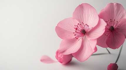 Obraz premium Close-up of two pink flowers on a white background, presenting a minimalist, abstract pastel aesthetic 