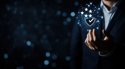 Businessperson presenting glowing stars and shield indicating quality assurance