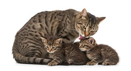 Mother Cat Grooming Kittens; Tabby Cat and Two Adorable Kittens on White Background