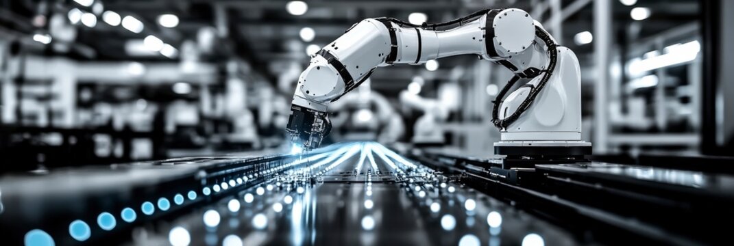 Robotic arm working in a futuristic factory setting