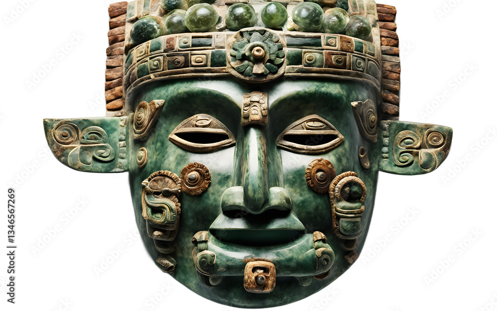 Poster mayan ceremonial jade mask with intricate details isolated on a empty plain background