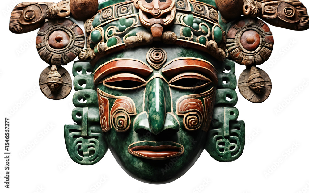 Poster mayan ceremonial jade mask with intricate details isolated on a empty plain background