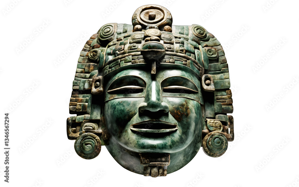 Poster mayan ceremonial jade mask with intricate details isolated on a empty plain background